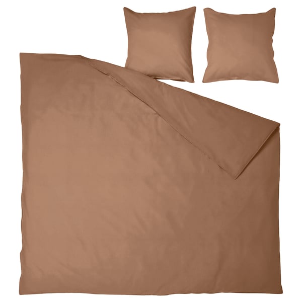 Brown bedding set: duvet & 2 pillows. Soft, recycled cotton. Simple, square design.