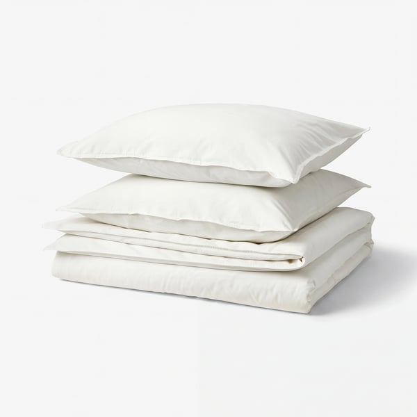 ÄNGSLILJA bedding set in off-white, made of recycled cotton, a duvet and two pillowcases with envelope closure, presenting a casual and cosy look.