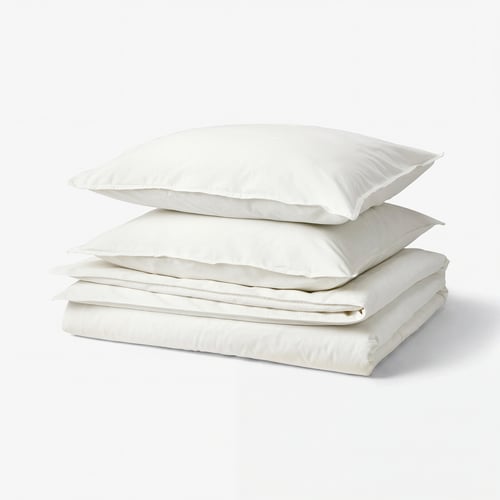 ÄNGSLILJA bedding set in off-white, made of recycled cotton, a duvet and two pillowcases with envelope closure, presenting a casual and cosy look.