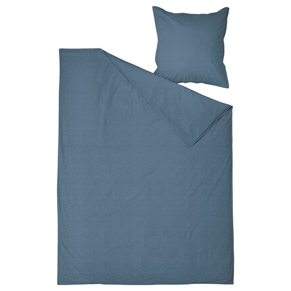 Blue bedding set with pillow, simple design, made of recycled cotton.