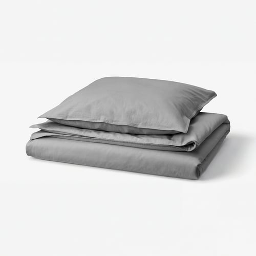 A neatly folded grey duvet set with pillowcase, featuring soft, washed cotton by ÄNGSLILJA.
