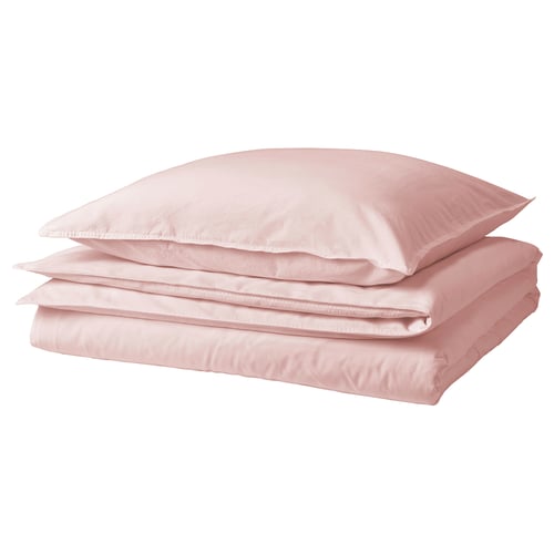 A neatly folded pink ÄNGSLILJA duvet cover and pillowcase set made of 100% cotton with a soft, comfortable feel.