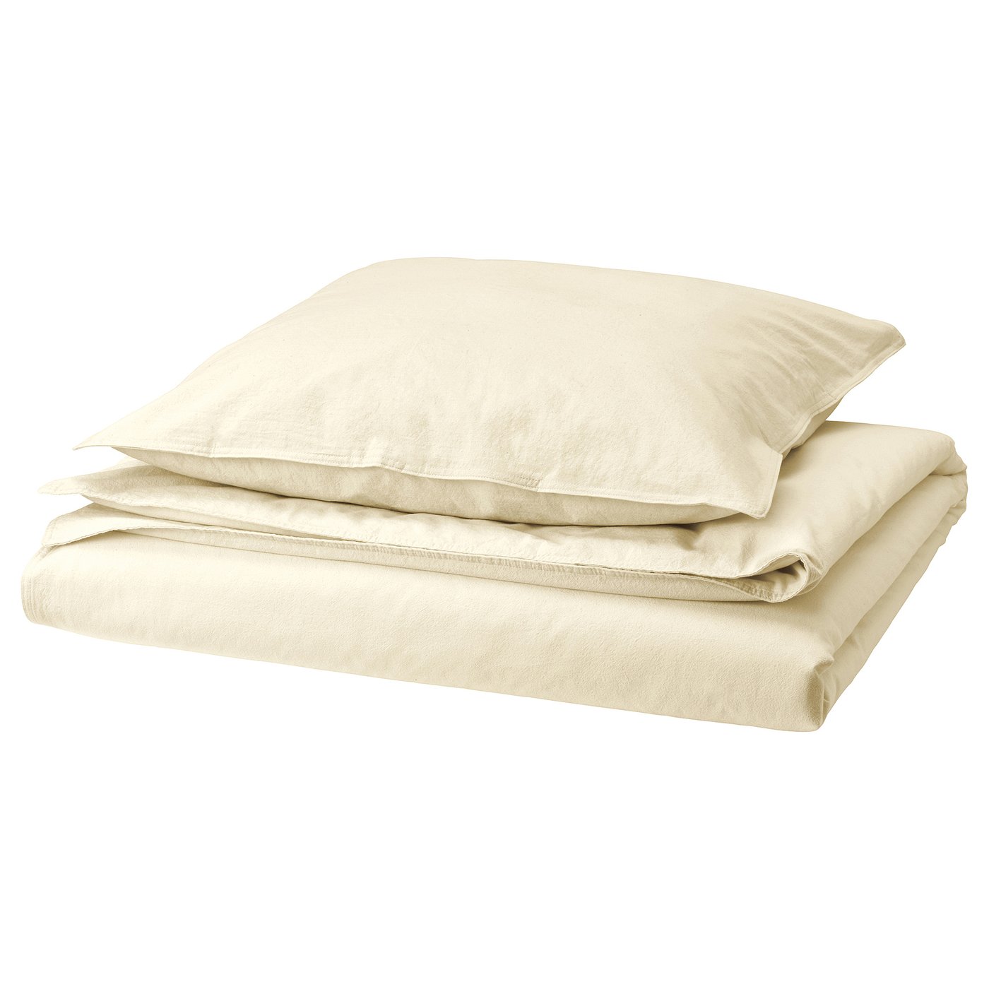 An ÄNGSLILJA duvet set in natural cream color. Made of 100% pre-washed cotton, it includes a duvet cover and pillowcase with simple, elegant design.