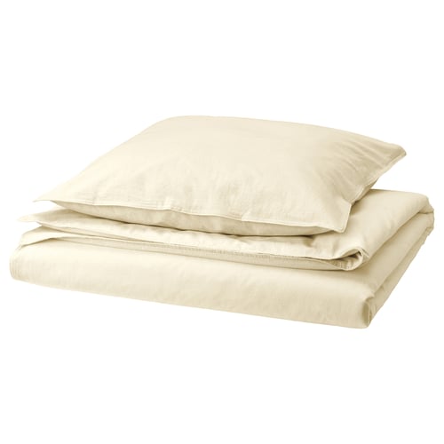 An ÄNGSLILJA duvet set in natural cream colour. Made of 100% pre-washed cotton, it includes a duvet cover and pillowcase with simple, elegant design.