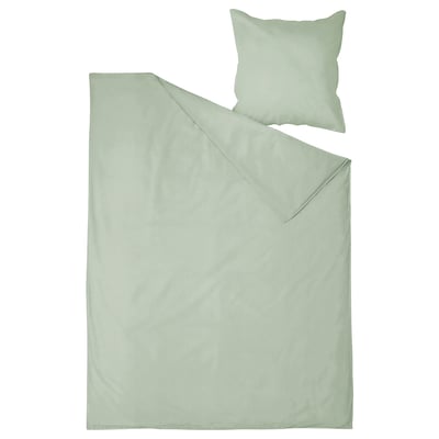 Light green bedding set, plain, rectangular duvet, pillow.