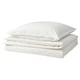Option: White bedding set. Three pillows and duvet stacked neatly. Soft, white cotton. Fresh and casual style.