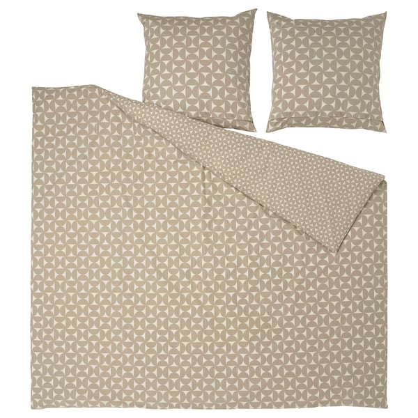 ÄNGSNEJLIKA bed set: grey-beige, geometric pattern, cotton-viscose, includes duvet & pillows.