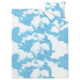 Sky blue and white duvet cover, thin pillowcase, soft cotton blend, cloud print pattern.