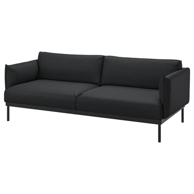 The ÄPPLARYD sofa is a dark grey, modern, rectangular sofa with metal legs and cushioned seats and backrest.