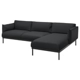 Modern black l-shaped sofa, dark gray fabric, metal legs, minimalist design.