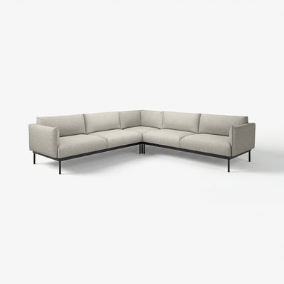 Modern grey l-shaped sofa with sleek black legs and clean lines.