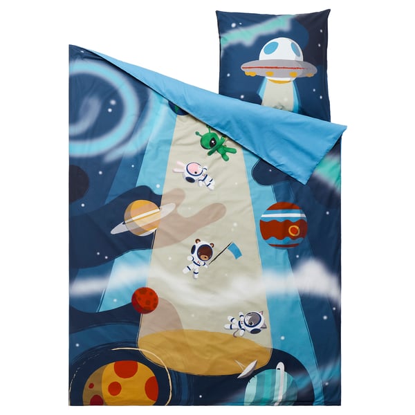 Space-themed blue duvet & pillow set with astronauts, aliens, & planets; soft, cozy, machine-washable.
