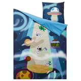 Space-themed blue duvet & pillow set with astronauts, aliens, & planets; soft, cozy, machine-washable.