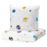 Space-themed duvet set for kids, featuring planets and stars, white cotton/viscose, square-shaped.