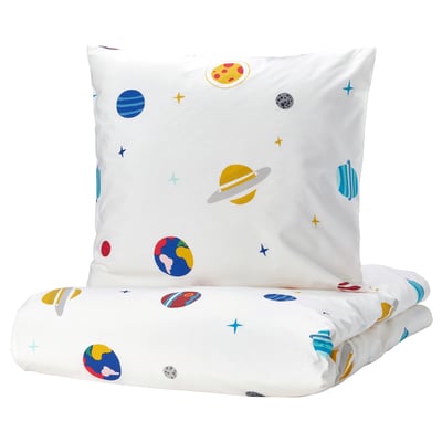 Space-themed duvet set for kids, featuring planets and stars, white cotton/viscose, square-shaped.