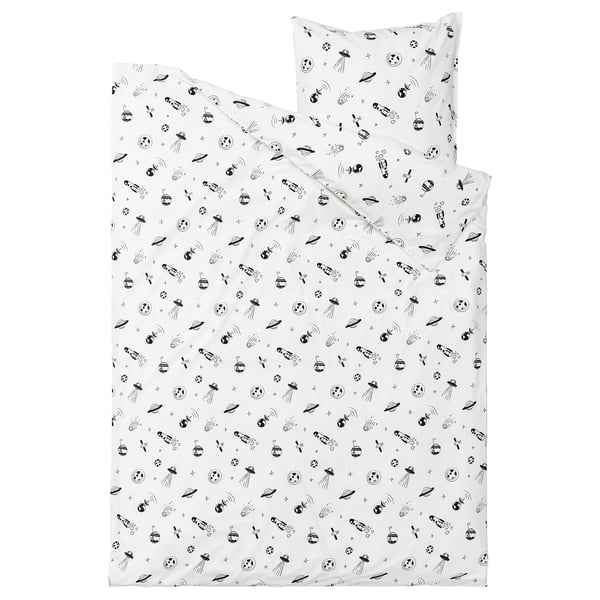 Black rocket & spaceship bedding set, celestial theme, kids room.