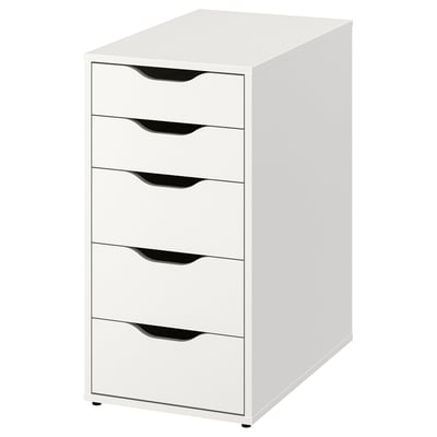 White ALEX 5-drawer chest. Minimalist design, smooth, square edges, black handles.