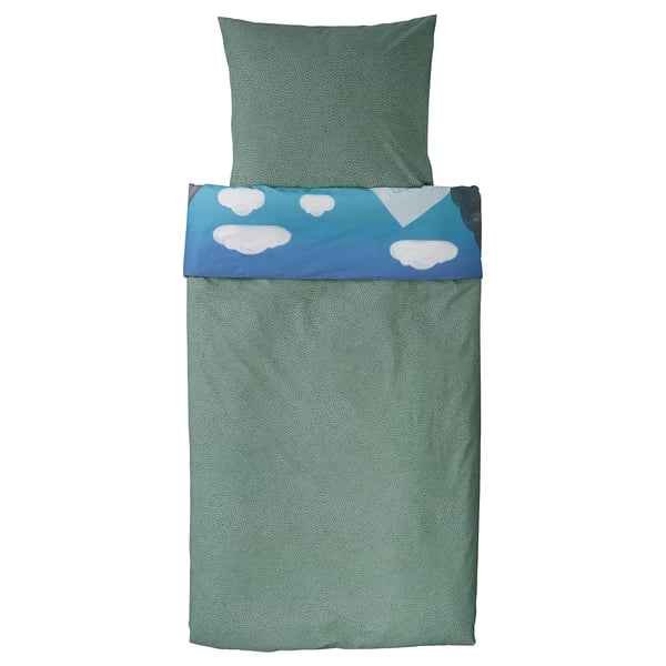 The ALPTALL duvet set a green and blue himalayan theme with cloud design, crafted from 80% cotton and 20% viscose.
