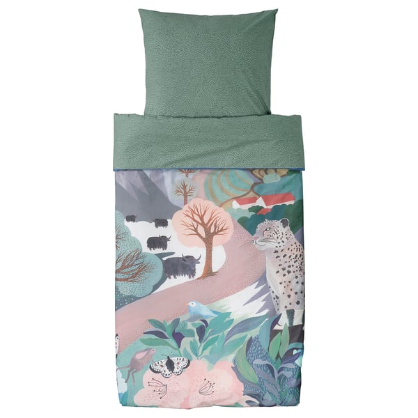ALPTALL Duvet cover and pillowcase, blue green/The Himalayas, 140x200/80x80 cm