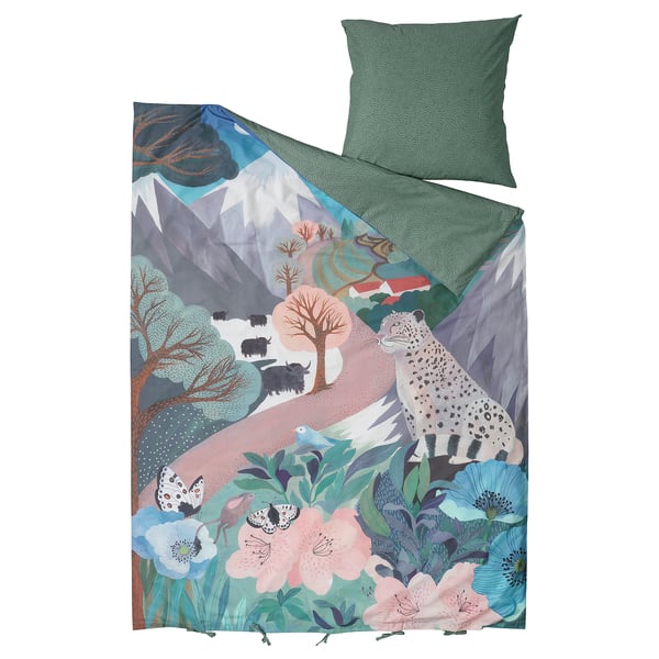 ALPTALL Duvet cover and pillowcase, blue green/The Himalayas, 140x200/80x80 cm