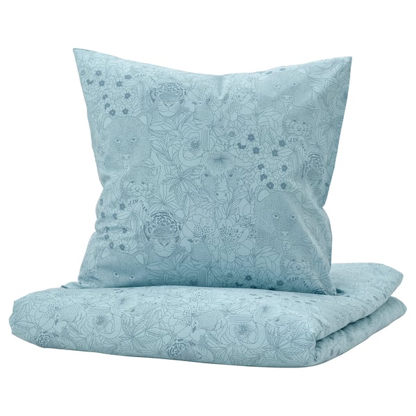 ALPTALL Duvet cover and pillowcase, blue/Himalayan animals and plants, 140x200/80x80 cm
