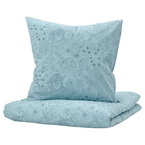 ALPTALL Duvet cover and pillowcase, blue/Himalayan animals and plants, 140x200/80x80 cm