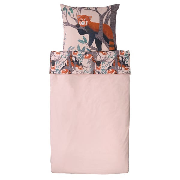 ALPTALL duvet set: pink, cotton, red pandas on trees, with pillow, simple shape. .