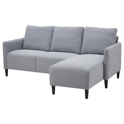 ANGERSBY gray 3-seat sofa, modern minimalist design, fabric upholstery, l-shaped chaise.