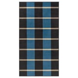 The ARBETSZON rug in blue and dark grey with beige stripes, rectangular shape, and plaid design.