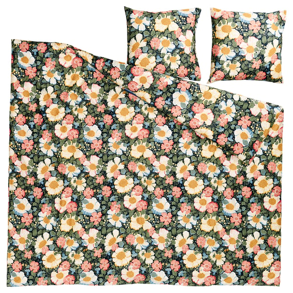 Floral bedding set: cover, sheets, pillows - multicolor flowers, dark background. Made from recycled cotton and lyocell.