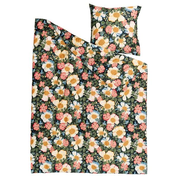 Floral bedding set: dark background with white, pink, yellow flowers, green leaves, recycled cotton, rectangular.