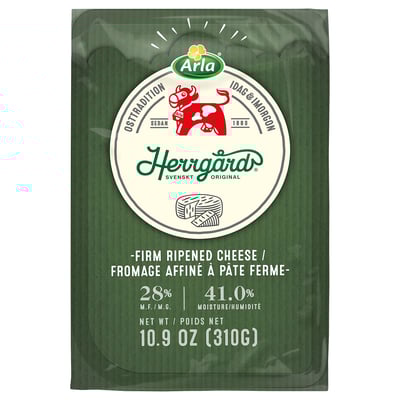 Arla herrgard cheese packaging, 10. 9 oz, firm ripened cheese.