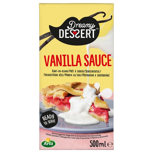 Box of dreamy desert vanilla sauce, 500ml, ready to serve.