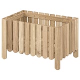 The ASKHOLMEN wooden planter box in natural color, made of sturdy acacia wood, with a flat top and open sides for plants.