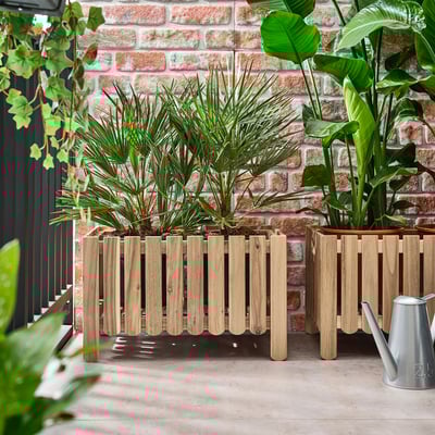 Two wooden ASKHOLMEN plant boxes against a brick wall, each with lush green plants, positioned side-by-side, larger than a nearby watering can.