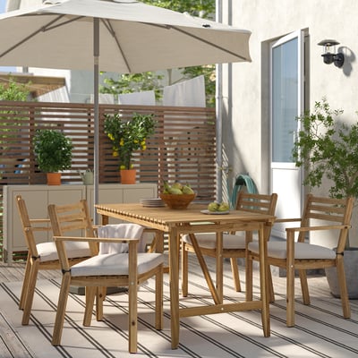 Wooden outdoor dining set ASKHOLMEN with table, 4 cushioned chairs, and umbrella. Perfect for small spaces with a cozy feel.