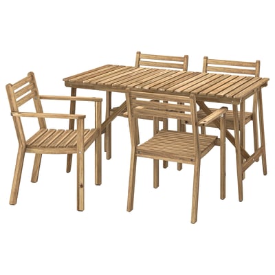 ASKHOLMEN outdoor set: light wood dining table, four chairs, simple design, armrests.