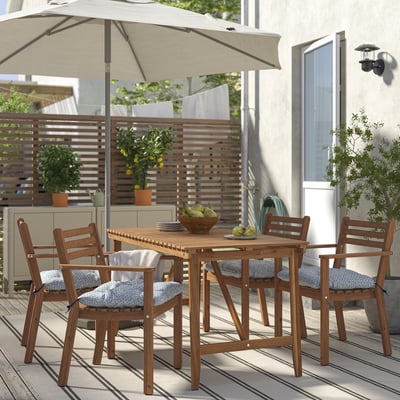 ASKHOLMEN dining set: small acacia table & 4 cushioned chairs. Ideal for compact outdoor spaces.