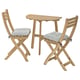 Light brown wooden outdoor table and chairs with light grey cushions.