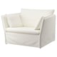 Option: A white BACKSÄLEN armchair with deep seats and high backrests for comfort, made of cotton, polyester, and steel.