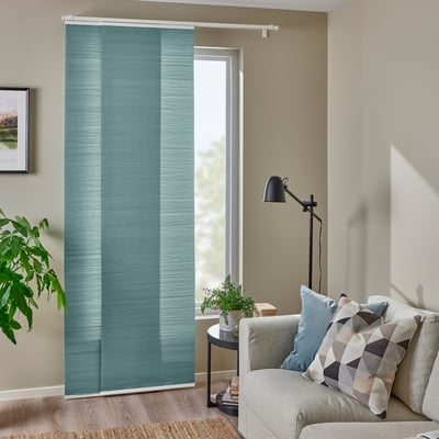 BACKSILJA teal panel curtain, sheer, vertical, covers large sliding door, polyester, recycled.