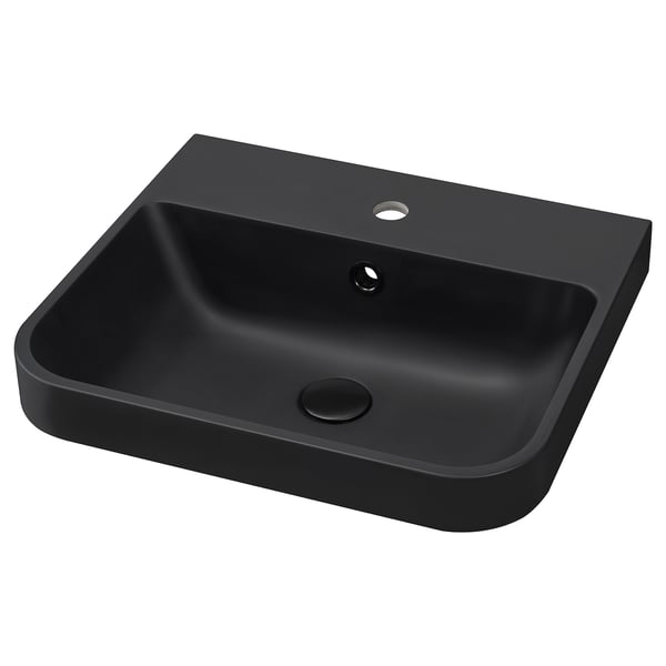 Black marble wall-mounted sink, sleek & modern, rectangular bowl with single tap hole, minimalist design.