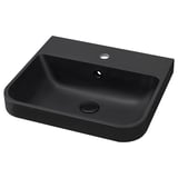 Black marble wall-mounted sink, sleek & modern, rectangular bowl with single tap hole, minimalist design.