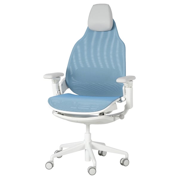 Bästbol gaming chair, light blue, white base, adjustable, mesh back, high comfort.