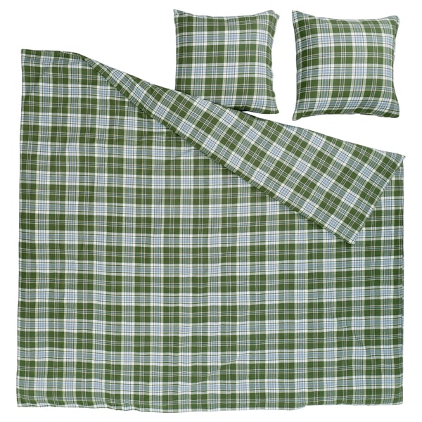 BANBJÖRNBÄR Duvet cover and 2 pillowcases, dark green/check flannel, 240x220/80x80 cm