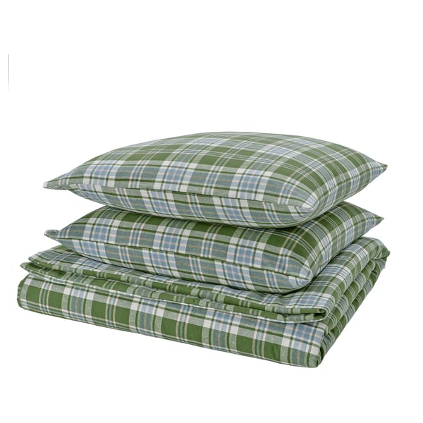 Stacked green and blue chequered pillows and blanket, rectangular shape, plaid design, made from cotton.