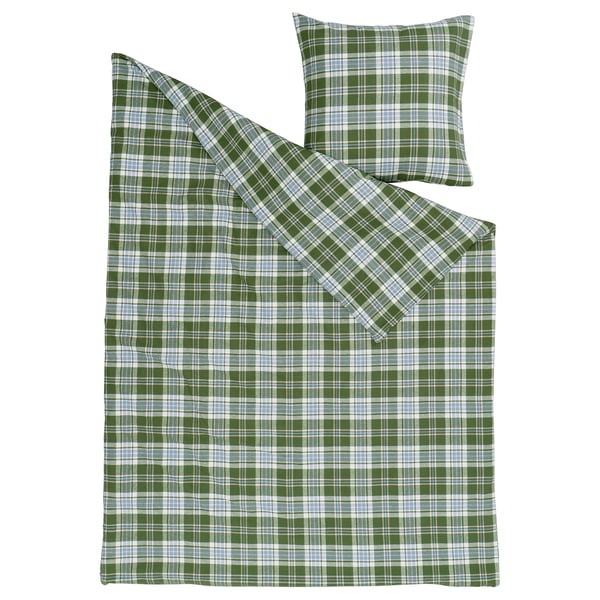 BANBJÖRNBÄR Duvet cover and pillowcase, dark green/check flannel, 155x220/80x80 cm