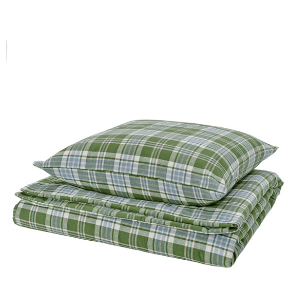 Folded green plaid bedding set featuring a comforter and pillowcase with blue and white accents in a rectangular shape.