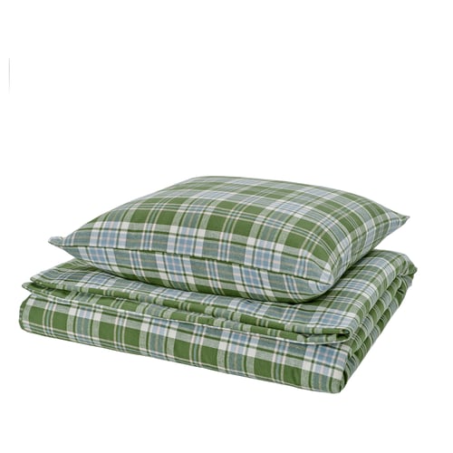 Folded green plaid bedding set featuring a comforter and pillowcase with blue and white accents in a rectangular shape.