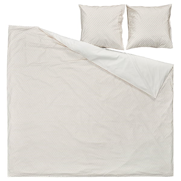 BANDKNIPPE: beige & white woven cotton duvet cover set. Soft, breathy material. Square shape with simple, cosy feel.